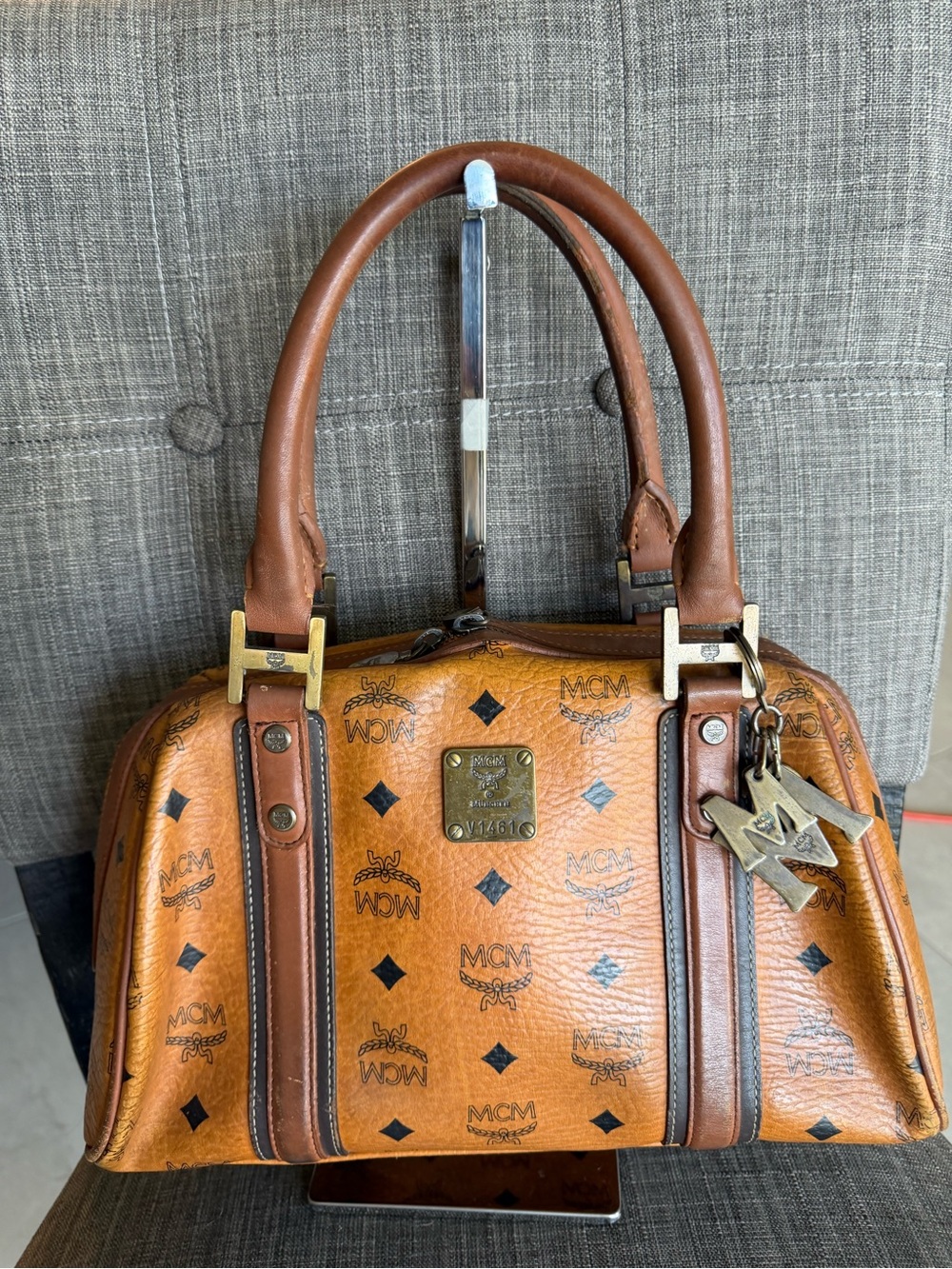 MCM Cognac Visetos Bowling Satchel with Gold Hardware